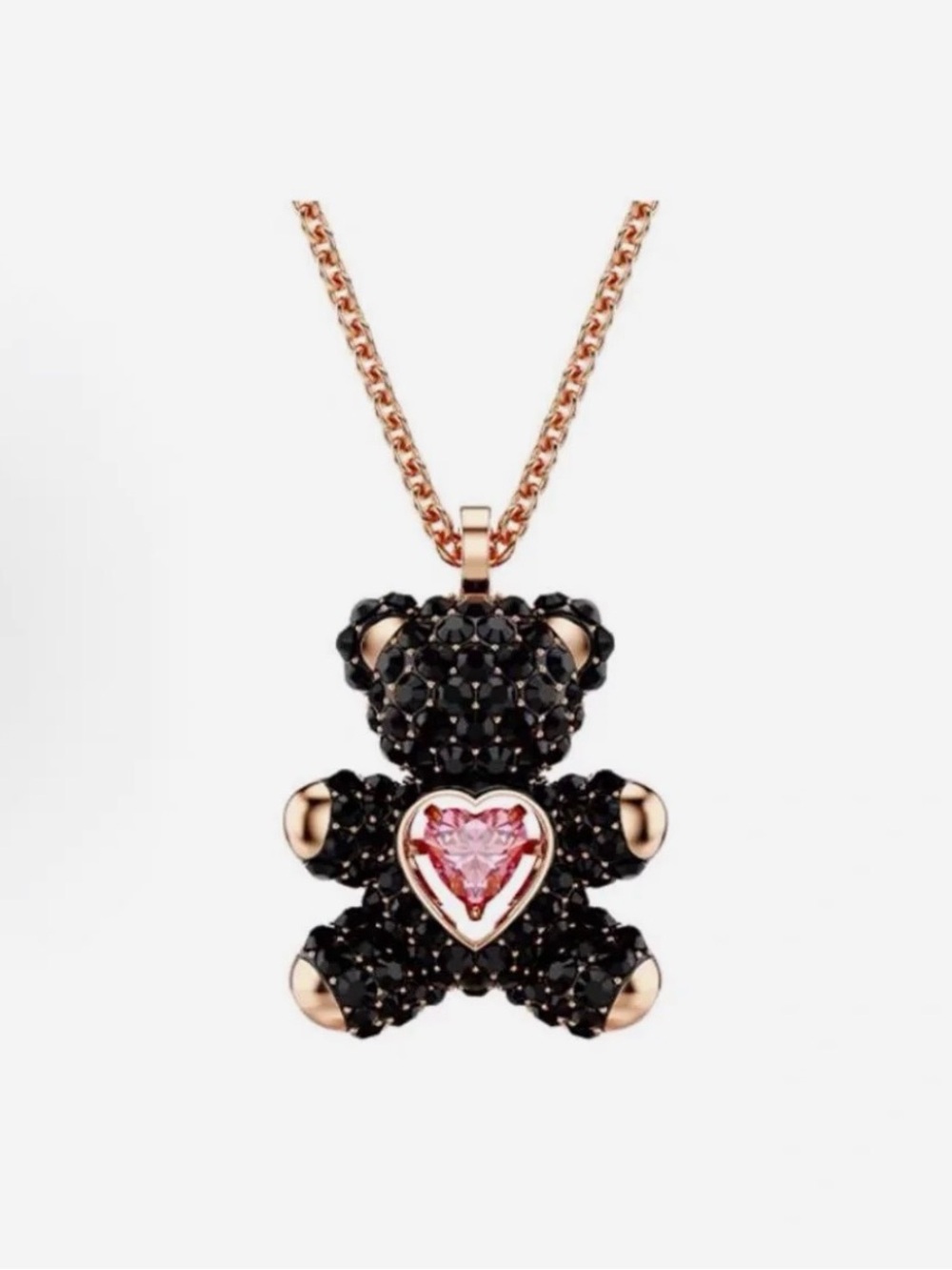 Swarovski Rose Gold-Tone Black Crystal Teddy with Pink Heart Pendant Necklace